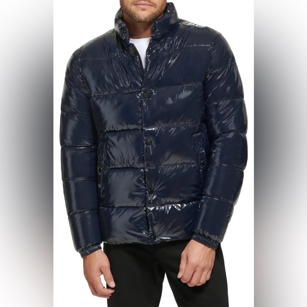 Calvin Klein Sorona Aura Mens Shiny Glossy Puffer Puff Jacket Deep Navy Sz L